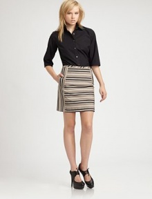 Contrasting bands of vertical and horizontal stripes define this simple cotton design.Self waistbandPanel constructionSide slash pocketsConcealed back zipAbout 18 longCottonDry cleanMade in USA of Italian fabricModel shown is 5'8½ (174cm) wearing US size 4. Contrasting bands of vertical and horizontal stripes define this simple cotton design.Self waistbandPanel constructionSide slash pocketsConcealed back zipAbout 18 longCottonDry cleanMade in USA of Italian fabricModel shown is 5'8½ (174cm) wearing US size 4.