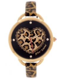 Betsey Johnson brings hip style in a flash with this leopard print watch. Thin straps and heart-detail make for an eye-catching design.