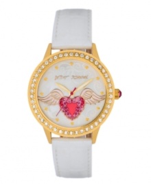 Set your heart aflutter! Betsey Johnson decked out this watch with tattoo-inspired graphics. White croc-embossed leather strap and round gold tone stainless steel case. Bezel embellished with crystal accents. White mother-of pearl dial features white scrolls, red heart graphic with pink wings, gold tone dot markers, three hands and logo. Quartz movement. Water resistant to 30 meters. Two-year limited warranty.