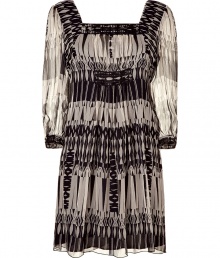 Boho-chic black and cream Aztec print dress from Anna Sui - An of-the-moment Aztec print adds stylish depth to this silk dress - Square neckline, billowy sleeves, back hidden zip closure - Style with opaque tights, a boyfriend cardigan, and peep-toe platforms