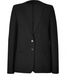 A contemporary take on the timeless black blazer, Vanessa Bruno Ath?s collarless version is a chic wardrobe staple essential for fashion-forward looks - Collarless with a dropped single lapel, long sleeves, buttoned cuffs, double buttoned front, slit pockets, back vent - Contemporary straight fit - Wear with tissue tees, jeans and flats, or dress up with feminine printed separates and chic nude accessories A contemporary take on the timeless black blazer, Vanessa Bruno Ath?s collarless version is a chic wardrobe staple essential for fashion-forward looks - Collarless with a dropped single lapel, long sleeves, buttoned cuffs, double buttoned front, slit pockets, back vent - Contemporary straight fit - Wear with tissue tees, jeans and flats, or dress up with feminine printed separates and chic nude accessories