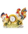 Get the early bird. With straight-from-the-farm style and a charming chicken family in-tow, this irresistible clock will ensure you're always on country time. Hand sculpted and painted in the style of Fitz and Floyd's rustic Ricamo collection.