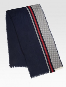 Midnight blue and red in wool/silk with fringe.55% wool/45% silk20W x 79HDry cleanMade in Italy Midnight blue and red in wool/silk with fringe.55% wool/45% silk20W x 79HDry cleanMade in Italy
