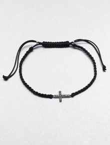From the Zasha Collection. A plaited design that features a rich black diamond accented 14k white gold cross. Silk cordBlack diamonds, .06 tcw14k white goldLength, about 7Knotted closureImported From the Zasha Collection. A plaited design that features a rich black diamond accented 14k white gold cross. Silk cordBlack diamonds, .06 tcw14k white goldLength, about 7Knotted closureImported