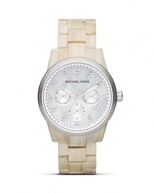Get a fresh face with this acetate and silver-tone bracelet from MICHAEL Michael Kors. It's multi function movement is ever-practical while glitz accents lend this piece a distinctive look. Get a fresh face with this acetate and silver-tone bracelet from MICHAEL Michael Kors. It's multi function movement is ever-practical while glitz accents lend this piece a distinctive look.