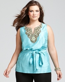 Opulent beading lavishes the shimmering silk shantung of this Lafayette 148 top, invoking a regal air on a tank silhouette. Opulent beading lavishes the shimmering silk shantung of this Lafayette 148 top, invoking a regal air on a tank silhouette.