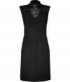 Elegant dress from a black cotton-nylon mix - Fully lined, floral, transparent lace - Transparent at shoulders and back - Cut with high collar, V-neck and sleeveless - Wide belt accentuates waist, creating feminine silhouette - For the office, pair with a blazer and heels or peep toes and a cardigan