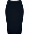 An exquisite choice for business to cocktails looks, Donna Karans stretch wool pencil skirt cuts a flattering feminine figure no matter how you wear it - Black elasticized grosgrain waistband, contoured seaming, hidden back zip, kick pleat - Form-fitting - Team with feminine tops and standout statement accessories