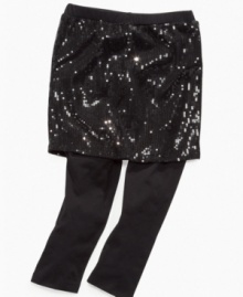 Two-in-one. A flashy sequin skirt over comfy, stretchy leggings makes these skeggings from Beautees perfect for pulling on before she runs out the door. Two-in-one. A flashy sequin skirt over comfy, stretchy leggings makes these skeggings from Beautees perfect for pulling on before she runs out the door.