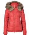 Stay warm in style this season in True Religions matte finish quilted down jacket, detailed with cozy raccoon fur trim for an ultra luxe finish - Stand-up collar, hood with removable fur trim, long sleeves with stitched flag patch, two-way front zip, zippered and buttoned front pockets, contrast ribbed knit hidden cuffs and hemline - Flattering slim, straight fit - Team with cozy knit accessories and statement boots