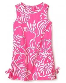 With precious embroidered dot trim and bows at the hem, this Lilly Pulitzer shift dress is a sweet, tropical treat. With precious embroidered dot trim and bows at the hem, this Lilly Pulitzer shift dress is a sweet, tropical treat.