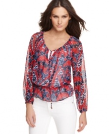 MICHAEL Michael Kors' petite top makes the peasant silhouette sophisticated with a rich print on sheer fabric with a great drape. Looks especially stylish with a pair of skinny white jeans. MICHAEL Michael Kors' petite top makes the peasant silhouette sophisticated with a rich print on sheer fabric with a great drape. Looks especially stylish with a pair of skinny white jeans.