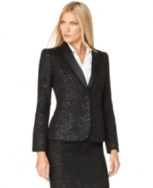 Calvin Klein borrows from the boys but makes this petite tuxedo-inspired jacket totally feminine. A satin shawl collar and sequin-embellished tweed texture do the trick. (Clearance)