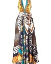 With a luxe mixed scarf print, this D&G Dolce & Gabbana halter gown makes a bold statement - Halter neck, deep V, open back, full skirt, all-over mixed print - Pair with sky-high platform sandals and an embellished clutch