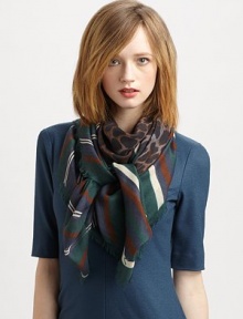 A striking leopard print meets bold stripes for a cool combo on this luxe wool and silk scarf with frayed edges.50% wool/50% silkAbout 55 X 55Dry cleanMade in Italy A striking leopard print meets bold stripes for a cool combo on this luxe wool and silk scarf with frayed edges.50% wool/50% silkAbout 55 X 55Dry cleanMade in Italy