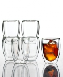 Keep hot drinks hot and cold drinks cold with these innovative drinking glasses. Cleverly crafted in a unique borosilicate glass with a double layer of insulation to reduce heat transfer in or out of the glass. The glass never sweats, ice doesn't deplete and coasters are a thing of the past! Keep hot drinks hot and cold drinks cold with these innovative drinking glasses. Cleverly crafted in a unique borosilicate glass with a double layer of insulation to reduce heat transfer in or out of the glass. The glass never sweats, ice doesn't deplete and coasters are a thing of the past!