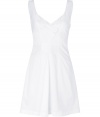 Stylish dress in fine, pure white cotton - Fitted bodice with medium-width straps - V-neck and asymmetric, two-button placket at front and back - Medium-width straps - Slim, A-line silhouette tapers at waist - Skirt bells at hem, hits above the knee - Sweet and sophisticated, easily dressed up or down - Pair with peep toe pumps, flat leather sandals or colorful wedges