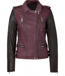 Toughen up your new-season style in this bold two-tone biker-inspired leather jacket from Iro - Classic motorcycle styling, spread collar, epaulets, asymmetrical zip closure, zip pockets and cuffs, side buckle details, contrasting grey sleeves and trim - Fitted - Wear with an elevated jeans-and-tee ensemble or a flirty frock and heels