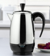 A more elegant alternative to standard coffee makers, this stainless steel percolator from Farberware has a sleek, pitcher shape. At a brewing rate of one cup per minute, this coffee pot sacrifices nothing in terms of speed for beauty. And once it has finished brewing, it will automatically switch to a safe keep warm temperature. Makes 2-8 cups. Comes with One-year limited warranty. Model #FCP280.