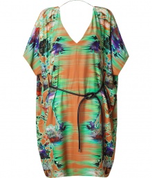 Effortless style is easily achieved with this vibrant printed frock from Matthew Williamson - V-neck, short dolman sleeves, thin halter-style strap, hood, belted waist, relaxed silhouette, mini length, all-over print - Style with platform sandals and an oversized tote