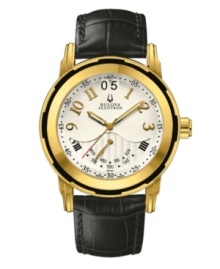 Classic styling and enduring sophistication. Exeter collection watch by Bulova Accutron crafted of black croc-embossed leather strap and round gold ion-plated stainless steel case with sapphire crystal. White dial features gold tone numerals at markers, minute track, date window at twelve o'clock, day window at six o'clock, luminous hands and logo. Swiss quartz movement. Water resistant to 50 meters. Five-year limited warranty.