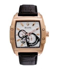 Perfection in every detail. Watch by Bulova crafted of brown croc-embossed leather strap and square rose-gold tone stainless steel case. Silver tone grid-patterned dial features applied rose-gold tone stick indices, two rose-gold tone hands, three subdials and logo. Automatic movement. Water resistant to 30 meters. Three-year limited warranty.