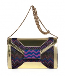 Channel the sophisticated side of the seventies with this zigzag printed statement clutch from Missoni - Classic envelope shape, front flap with decorative snap closure, knit body with metallic leather trim, chain-detailed shoulder strap, small inside zip pocket - Style with a flirty cocktail frock and heels or a boho-inspired mini-dress and booties Channel the sophisticated side of the seventies with this zigzag printed statement clutch from Missoni - Classic envelope shape, front flap with decorative snap closure, knit body with metallic leather trim, chain-detailed shoulder strap, small inside zip pocket - Style with a flirty cocktail frock and heels or a boho-inspired mini-dress and booties