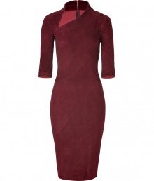 Oversaturated in incredibly soft ruby suede, Jitrois figure-hugging sheath is an exquisite take on this seasons love for leather - Asymmetrical V-neckline, elbow-length sleeves, exposed metal back zip - Form-fitting - Wear with statement boots and a dusting of fine jewelry