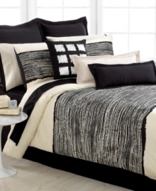 Black and white and chic all over. The Brushstroke sheet set from Echo brings bold modern style to the bedroom in pure, 300 thread count cotton sateen. The fitted sheet features solid black while the flat sheet and pillowcases boast bright white with a black hem.