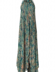 Bring elegant drama with this ultra-luxe printed maxi dress from Saloni - Halter style, high ruffled neck, sleeveless, relaxed silhouette, asymmetrical hem, loose pleating, back keyhole cut out, all-over print - Pair with platform pumps and an embellished clutch