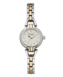 A perfectly petite dress watch styled in traditional two-tone metal. By Caravelle by Bulova. Two-tone bracelet and round case. Silver tone sunray dial features gold tone numerals at twelve and six o'clock, stick indices, three hands and logo. Quartz movement. Water resistant to 30 meters. Two-year limited warranty. A perfectly petite dress watch styled in traditional two-tone metal. By Caravelle by Bulova. Two-tone bracelet and round case. Silver tone sunray dial features gold tone numerals at twelve and six o'clock, stick indices, three hands and logo. Quartz movement. Water resistant to 30 meters. Two-year limited warranty.