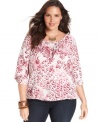 Add cheer to your casual wear with Lucky Brand Jeans' three-quarter-sleeve plus size top, featuring a vibrant print.