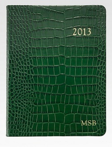 Organize your day, week, month and year in this vertically-formatted desk diary.Hand-crafted, Smyth-sewn crocodile-embossed leather coverGilt-edged acid-free creamy white paperAbout 7W X 9¼HMade in USA Organize your day, week, month and year in this vertically-formatted desk diary.Hand-crafted, Smyth-sewn crocodile-embossed leather coverGilt-edged acid-free creamy white paperAbout 7W X 9¼HMade in USA