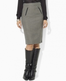 Look sophisticated and elegant at the office wearing Lauren by Ralph Lauren's chic wool houndstooth pencil skirt, accented with faux-leather trim and equestrian details. Look sophisticated and elegant at the office wearing Lauren by Ralph Lauren's chic wool houndstooth pencil skirt, accented with faux-leather trim and equestrian details.