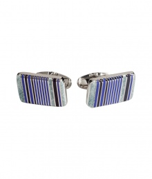 Inject sophisticated style into your formal look with these ultra-cool striped cufflinks from Paul Smith - Rectangular silver-toned cufflinks with blue and black striping - Pair with a sleek suit and a immaculately tailored button-down Inject sophisticated style into your formal look with these ultra-cool striped cufflinks from Paul Smith - Rectangular silver-toned cufflinks with blue and black striping - Pair with a sleek suit and a immaculately tailored button-down
