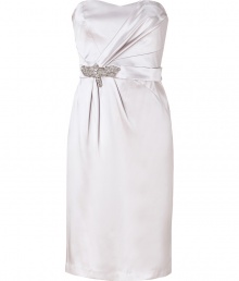 Luxe cocktail dress in fine, pure pale silver silk - Elegant strapless style with sweetheart bodice - Flattering, asymmetric drape detail - Belted waist with decorative jeweled brooch - Slim, straight skirt hits above the knee - Zips at back - Sexy and polished, perfect for parties and evenings out - Pair with peep toe pumps or strappy sandals and a statement clutch