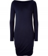 Sumptuously soft and effortlessly elegant, Donna Karans pure, dark blue cashmere knit dress epitomizes understated luxury - Slim cut, with pencil-style skirt, flattering boatneck and long, fitted sleeves - Gorgeous drape detail at hem - Slips on - A versatile compliment to any wardrobe perfect for pairing with ankle booties or platform pumps