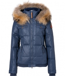 Stay warm in style this season in True Religions matte finish quilted down jacket, detailed with cozy raccoon fur trim for an ultra luxe finish - Stand-up collar, hood with removable fur trim, long sleeves with stitched flag patch, two-way front zip, zippered and buttoned front pockets, contrast ribbed knit hidden cuffs and hemline - Flattering slim, straight fit - Team with cozy knit accessories and statement boots