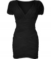 Super sexy with intricate gathered paneling, Halston Heritages jet black mini-dress guarantees eye-catching results - Wrapped V-neckline, short sleeves, hidden side zip - Pair with ankle boots or strappy sandals