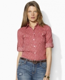 Rendered in lightweight floral-printed cotton, Lauren Jeans Co.'s chic heritage-inspired shirt is finished with roll-tab sleeves for versatile warm-weather style.