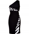 Luxe cocktail dress in fine, viscose synthetic fiber blend - Elegant black and ivory color combo - Ribbon-like, animal print silk inlay snakes from the top of the left shoulder down to the hem - Curve-hugging, one shoulder style hits above the knee - Zips at side - Elegant, eye-catching and undeniably sexy! - Pair with a cropped leather jacket and ankle booties or platform pumps