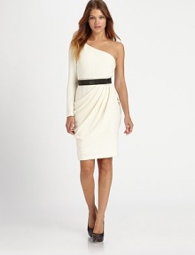 A glittery belt completes this sophisticated, shoulder-baring dress for a party-ready look. One long sleevesBelted waist with snap closuresPaneled skirtSide zipBack ventFully linedAbout 23 from natural waistBody: triacetate/polyesterDry cleanImported Model shown is 5'10 (178cm) wearing US size 4. A glittery belt completes this sophisticated, shoulder-baring dress for a party-ready look. One long sleevesBelted waist with snap closuresPaneled skirtSide zipBack ventFully linedAbout 23 from natural waistBody: triacetate/polyesterDry cleanImported Model shown is 5'10 (178cm) wearing US size 4.