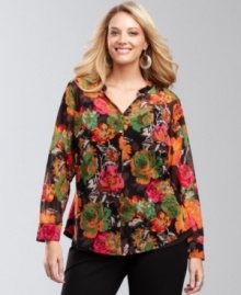 A bold floral print pops against a backdrop of black mesh fabric on INC's plus size shirt. Rhinestone buttons provide a touch of extra sparkle.