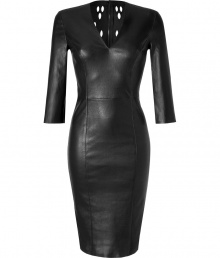 Ultra-luxurious dress in fine black lambskin - Soft leather fits like a glove for a sexy, sleek look - Designed by French cult label, Jitrois - Slim silhouette with v-neck, 3/4 arms and pencil skirt length - Cut-outs design at back - High-confidence feel - Pair with booties, sandals or pumps Ultra-luxurious dress in fine black lambskin - Soft leather fits like a glove for a sexy, sleek look - Designed by French cult label, Jitrois - Slim silhouette with v-neck, 3/4 arms and pencil skirt length - Cut-outs design at back - High-confidence feel - Pair with booties, sandals or pumps