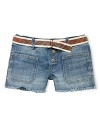 The washed denim short is finished with allover fading and a cut-off hem for a timeworn look.