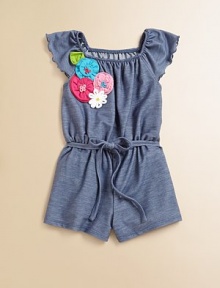 A precious romper is transformed into a stylish little ensemble with a snazzy belt and colorful flowers in a cool denim hue.Elastic squareneckPurl edge short flutter sleevesElastic waist with tie85% cotton/10% polyester/5% spandexMachine washImported A precious romper is transformed into a stylish little ensemble with a snazzy belt and colorful flowers in a cool denim hue.Elastic squareneckPurl edge short flutter sleevesElastic waist with tie85% cotton/10% polyester/5% spandexMachine washImported
