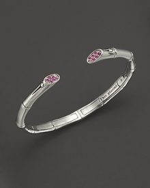John Hardy's iconic sterling silver Bamboo cuff, detailed with faceted pink sapphires. John Hardy's iconic sterling silver Bamboo cuff, detailed with faceted pink sapphires.