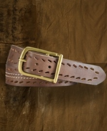 Rugged and weathered in supple cowhide, this versatile leather belt gives off serious old-school appeal with an antiqued metal buckle and cutout designs.