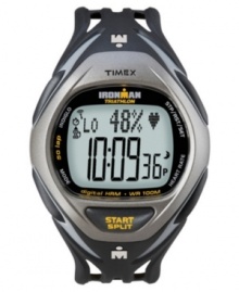 Improve your training time with this multifunctional Timex watch. Black resin strap and round black case. Digital display dial with heart rate monitor sensor and time keeper. Data exchanger USB included. Quartz movement. Water resistant to 100 meters. One-year limited warranty.