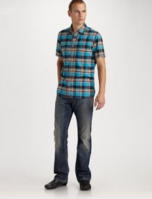 A casual weekend update with with bright bursts of plaid color in soft, breezy cotton.Buttonfront Chest patch pocket Cotton Machine wash Imported A casual weekend update with with bright bursts of plaid color in soft, breezy cotton.Buttonfront Chest patch pocket Cotton Machine wash Imported